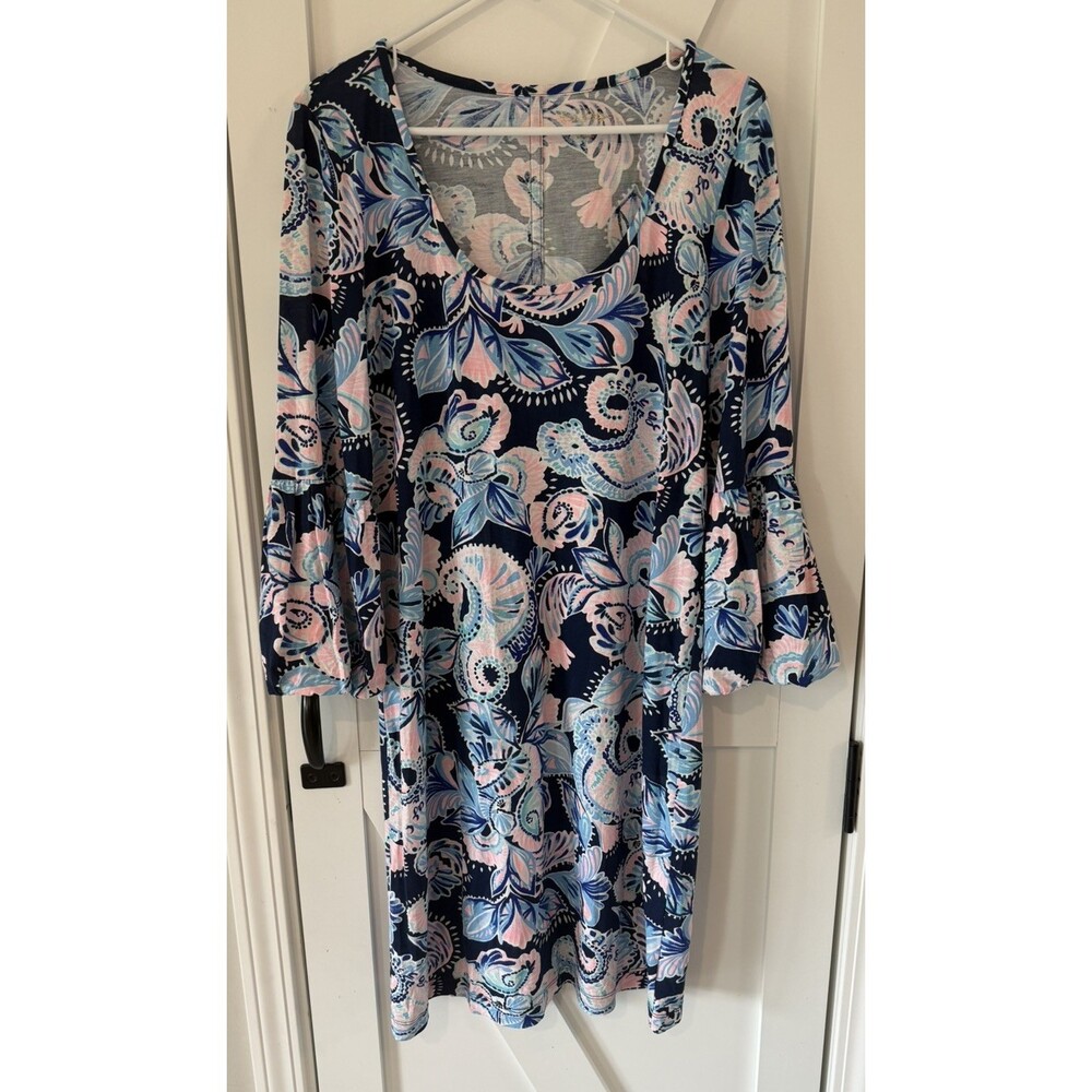 LILLY PULITZER Carlile DRESS High Tide Holy Flockamolie Sz LARGE Bubble Sleeves